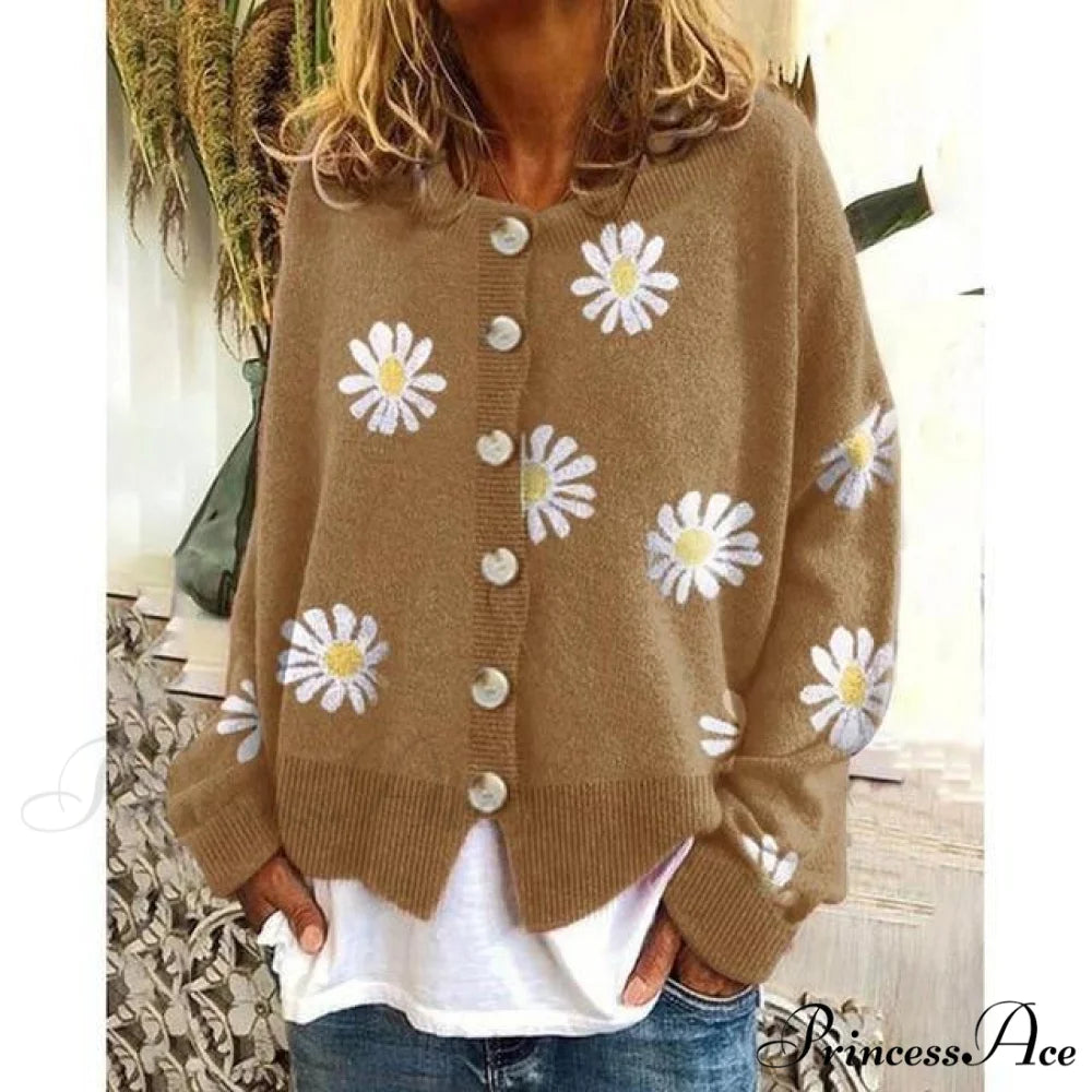 Patterned Elegant Knitted Coat Khaki / S