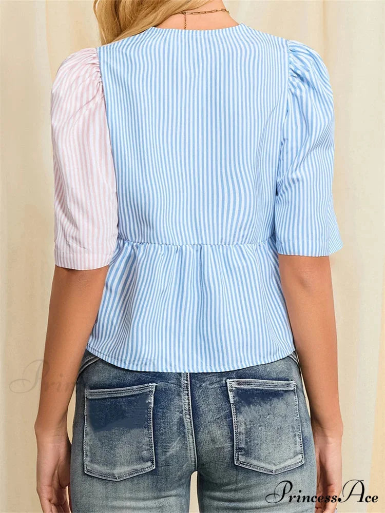 Patterned Fastened Short Sleeve Blouse blouse-250223