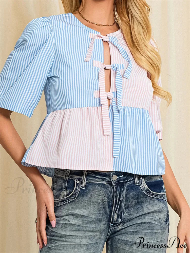 Patterned Fastened Short Sleeve Blouse blouse-250223