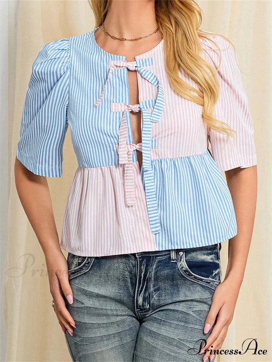 Patterned Fastened Short Sleeve Blouse blue / S blouse-250223