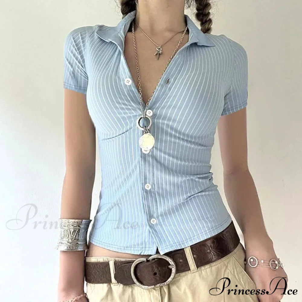 Patterned French Button-Up Fold-down Collar Blouse blue / S blouse-250126