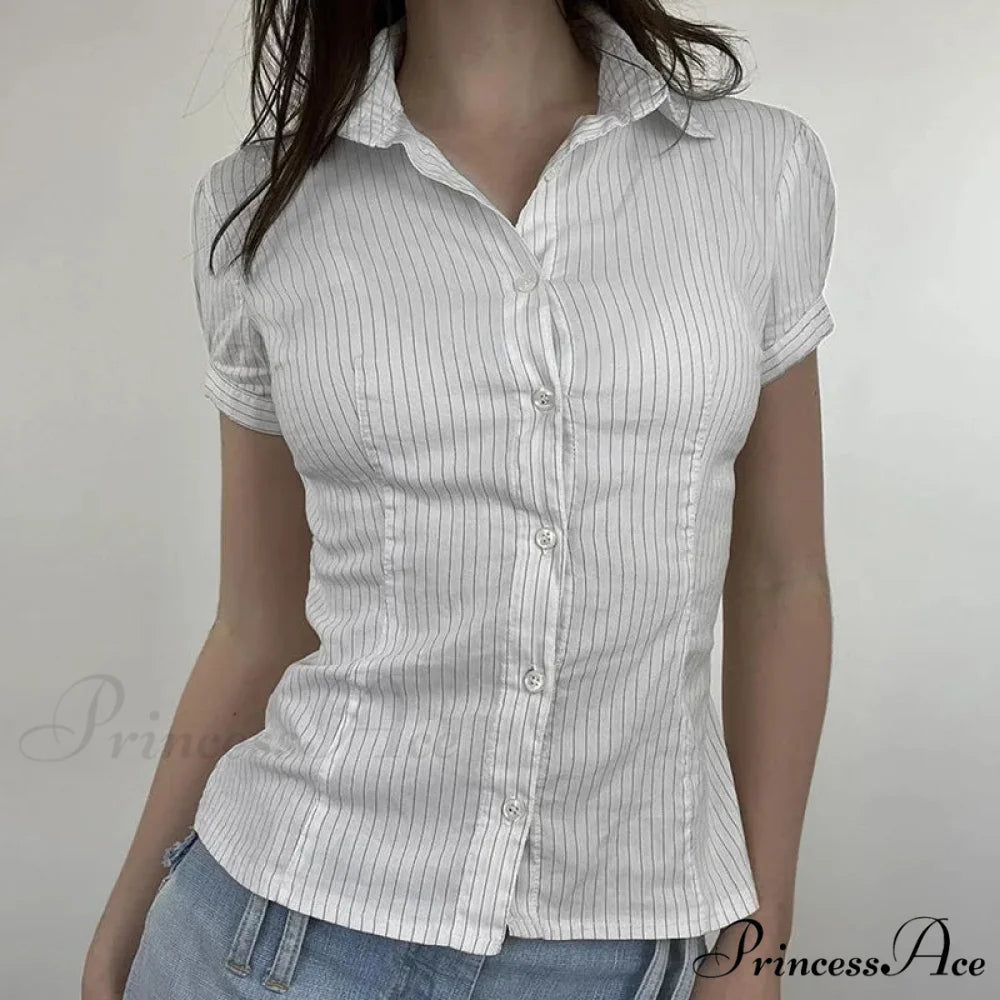 Patterned French Button-Up Fold-down Collar Blouse white / S blouse-250126
