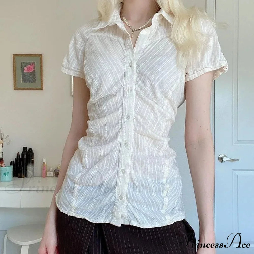 Patterned French Button-Up Fold-down Collar Blouse white1 / S blouse-250126