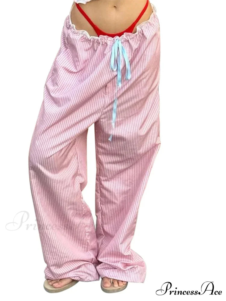 Patterned Frills Drawstring Flexible Waist Informal Pant PINK / S pant-250223