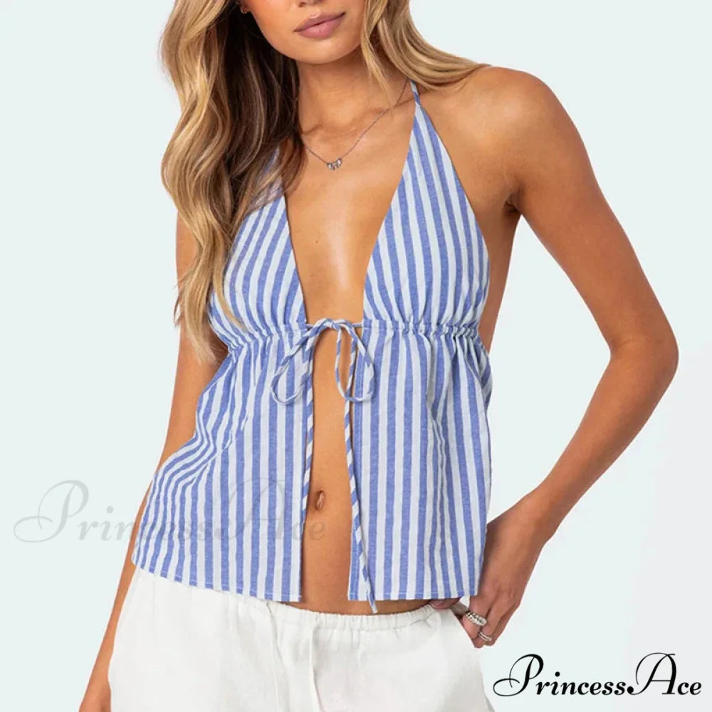 Patterned Front Knot Halter Deep V Crop Top croptop-250126