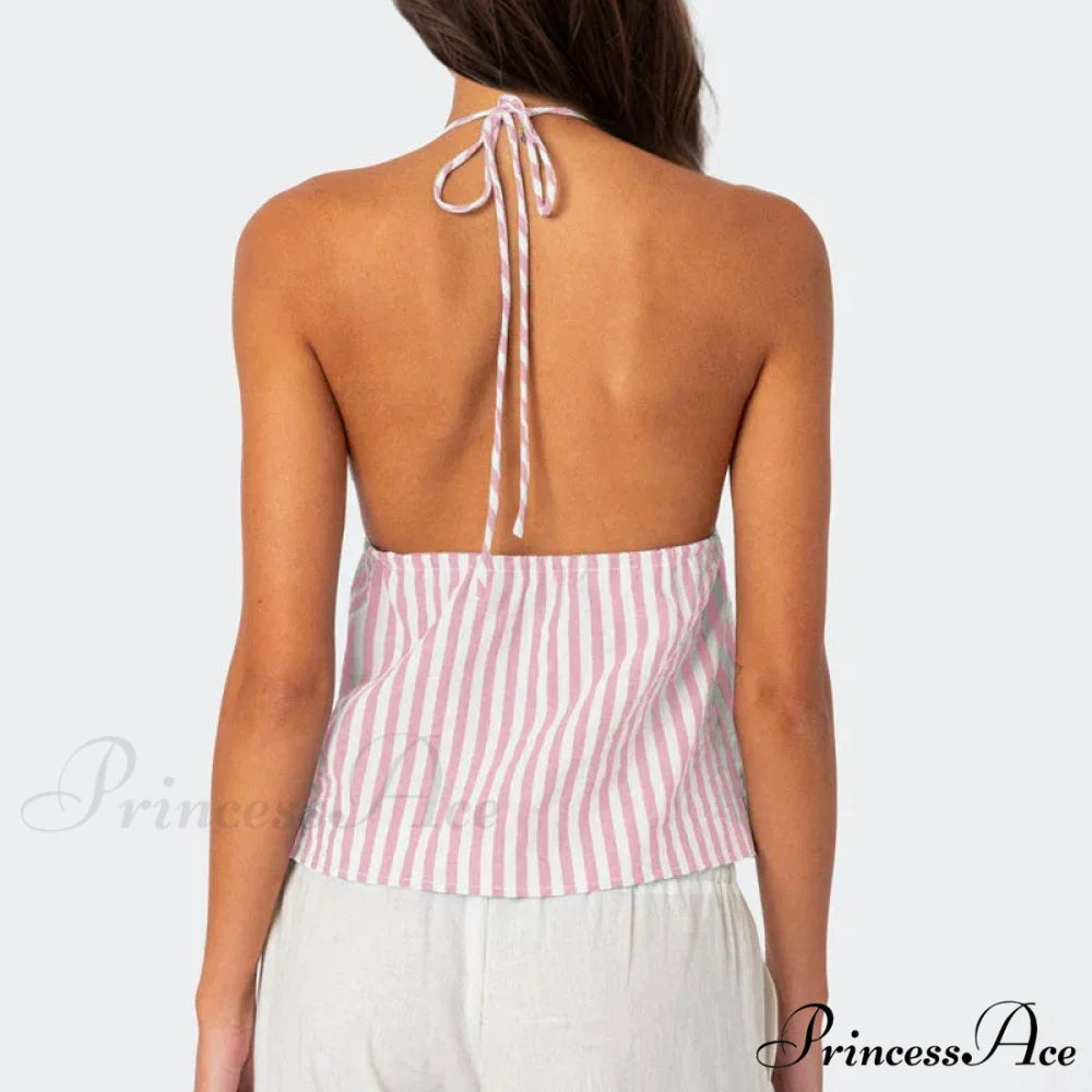 Patterned Front Knot Halter Deep V Crop Top croptop-250126