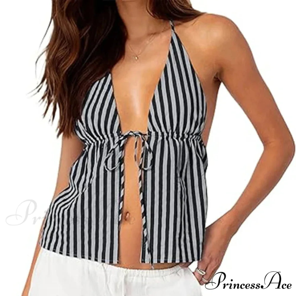 Patterned Front Knot Halter Deep V Crop Top GRAY / S croptop-250126