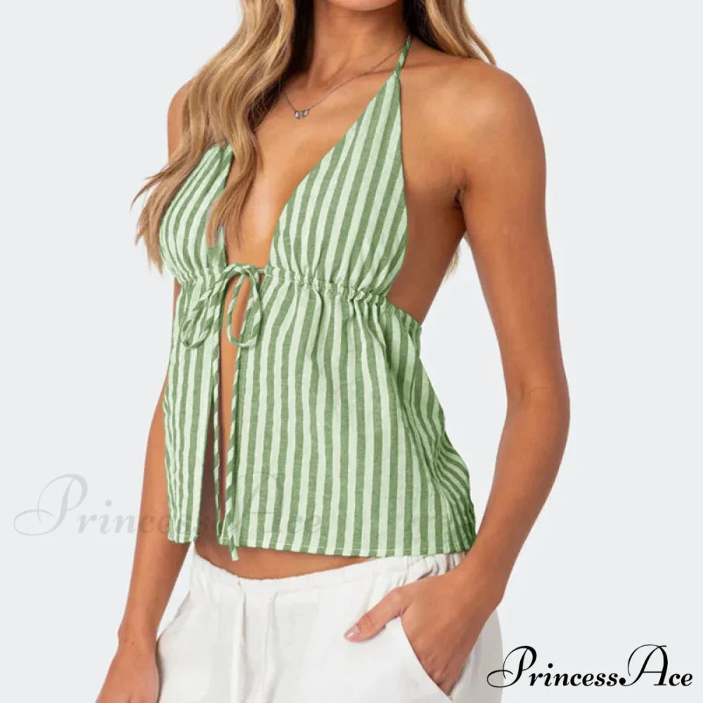 Patterned Front Knot Halter Deep V Crop Top Green / S croptop-250126