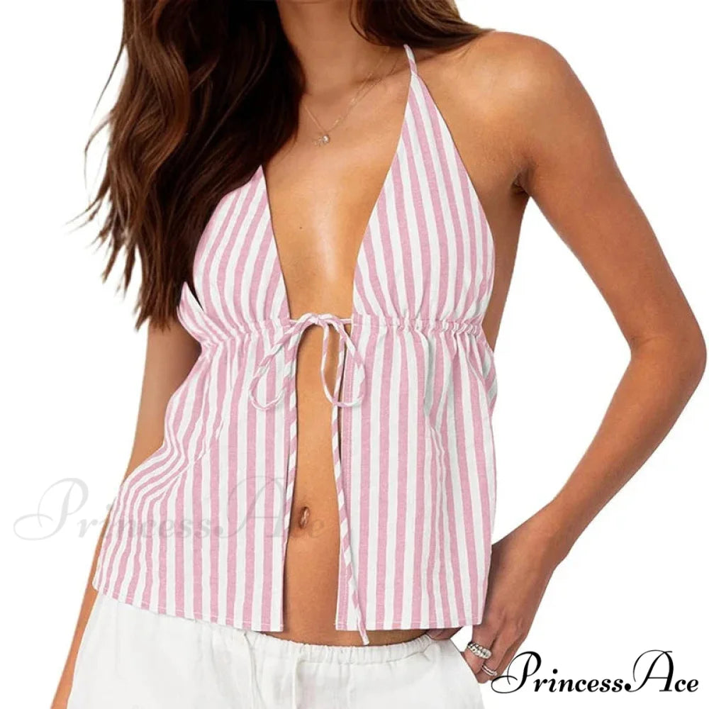 Patterned Front Knot Halter Deep V Crop Top Pink / S croptop-250126