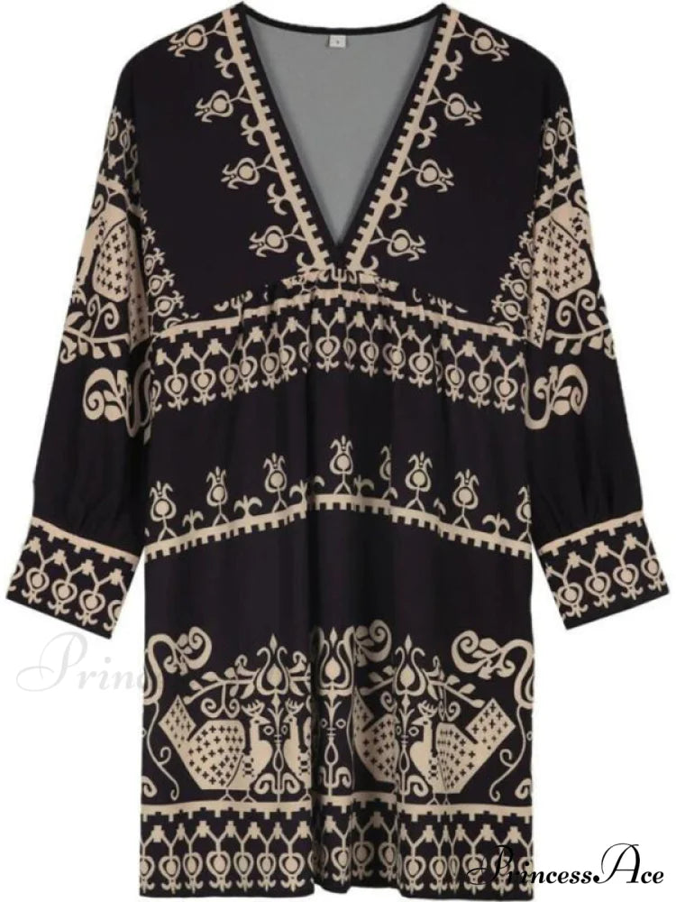 Patterned Gown for Fit V-neck Women And with Flare Three-quarter Sleeves