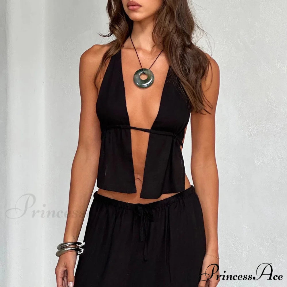 Patterned Halter Open-Back Crop Top black / S croptop-250223