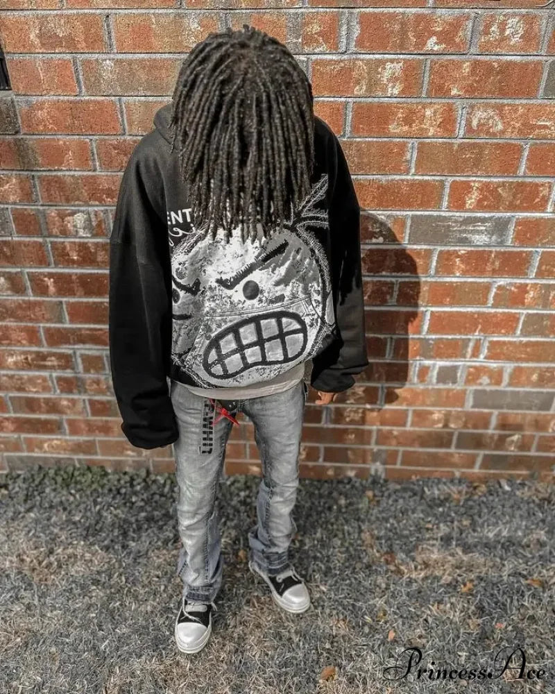 Patterned Hoodie Printed with Cartoons Black / S hoodies-241228