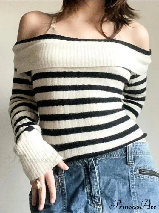 Patterned Knitted Slash Neck Extended Sleeve Fundamental Pullover Sweater WHITE / S knittop-250126