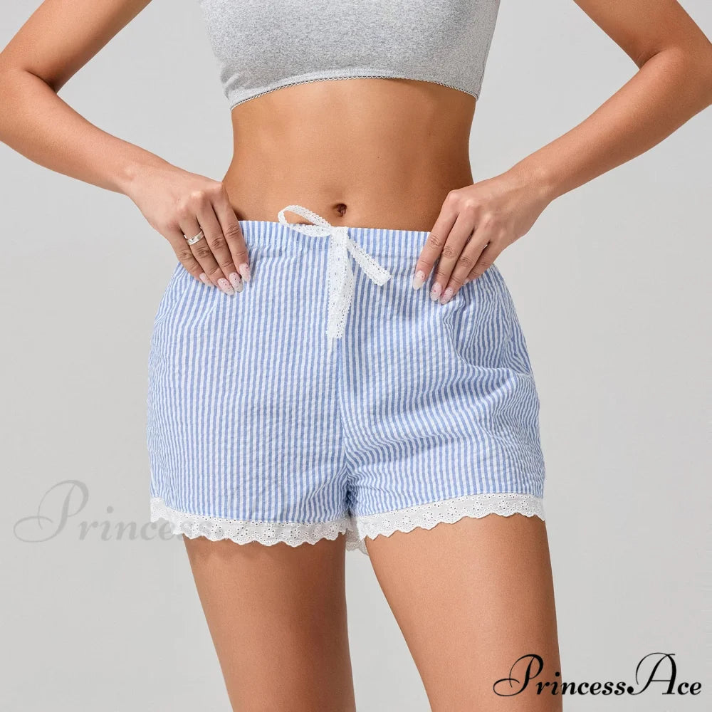 Patterned Lace Edging Wide Leg Short Blue / S short-250223