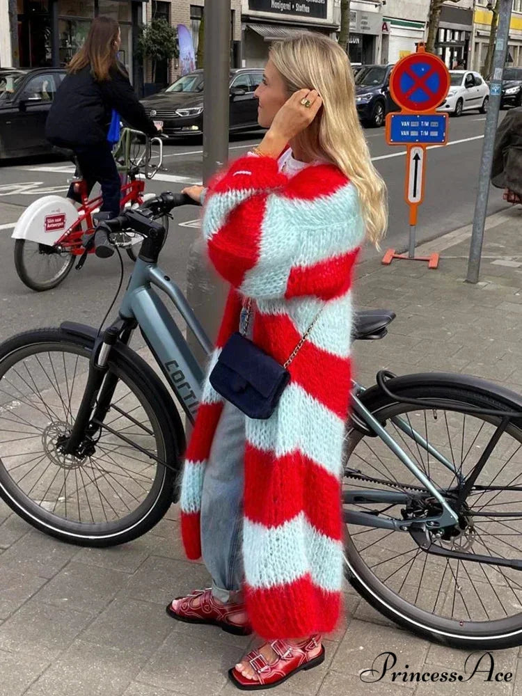 Patterned Lantern Sleeve Generously Sized Cardigan Red / S cardigans-241228