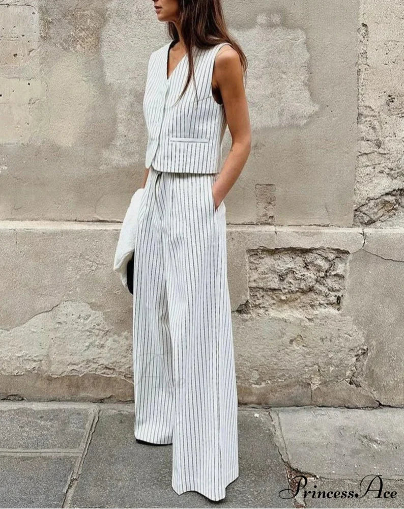 Patterned Loose Wide Trousers Office Two Piece Set WHITE / S officetwopieceset-250223
