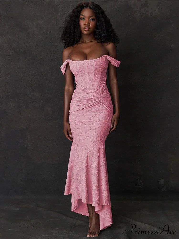Patterned Off Shoulder Mermaid Holiday Dress Pink / S vacationdress-250223