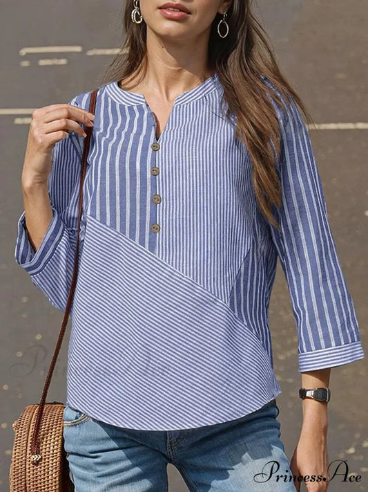 Patterned Patched Baggy V-neck Informal Blouse Light Blue / S blouse-250126