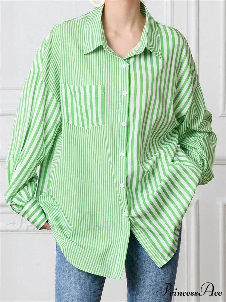 Patterned Patchwork Button-Up Shirt green / S blouse-250223