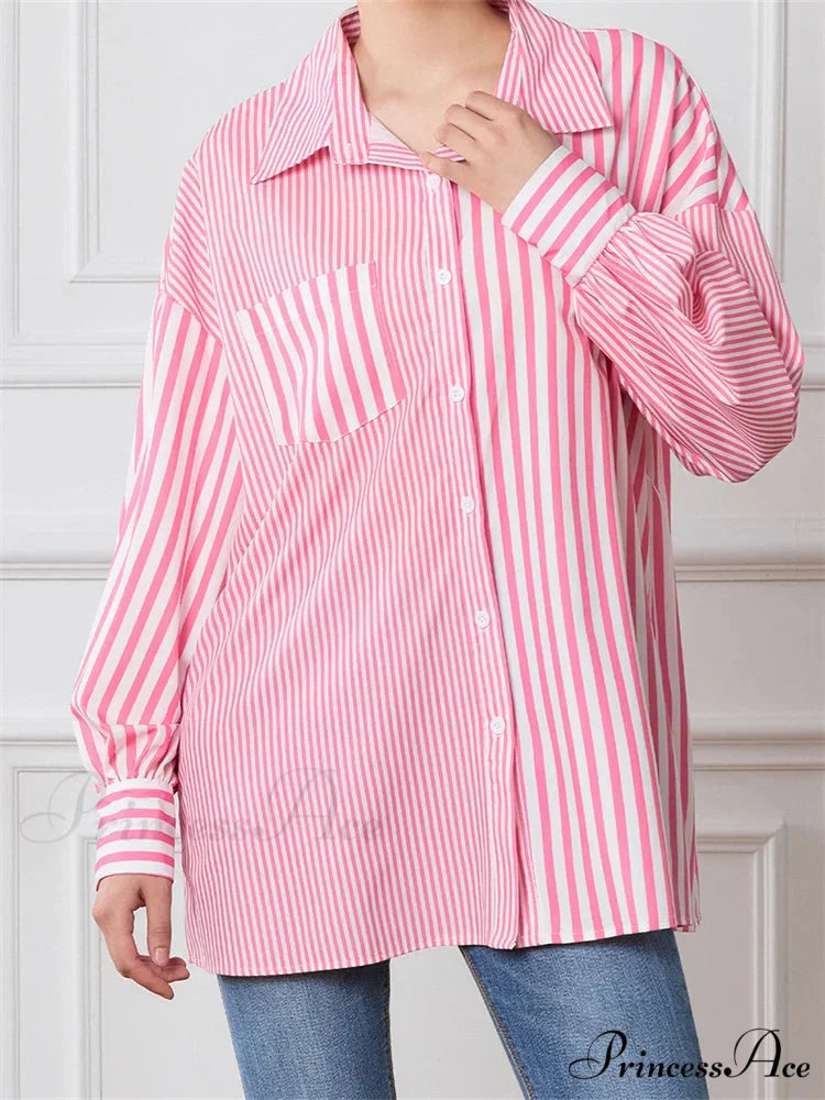 Patterned Patchwork Button-Up Shirt pink / S blouse-250223