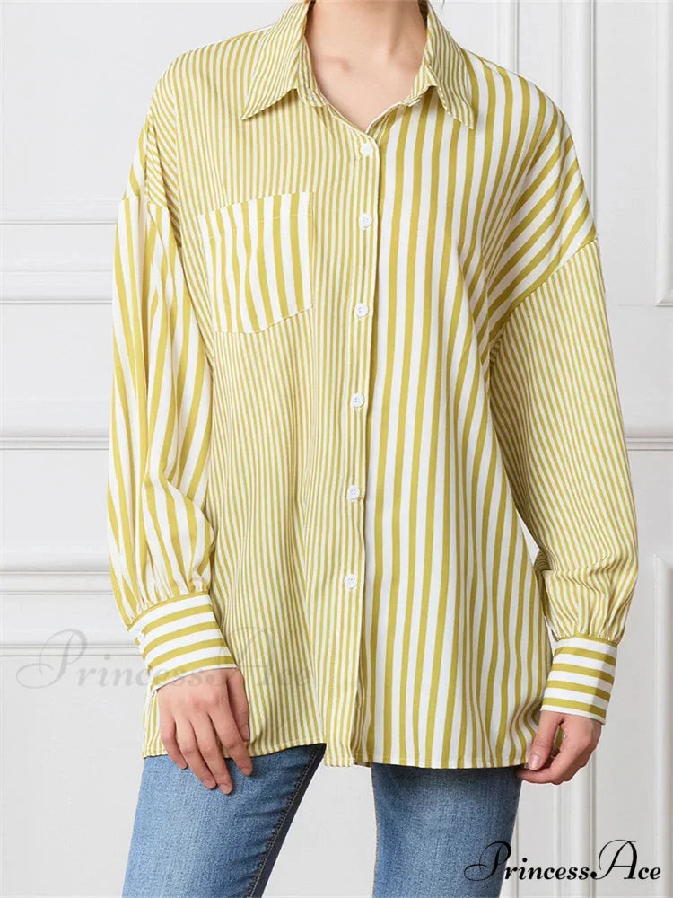 Patterned Patchwork Button-Up Shirt yellow / S blouse-250223