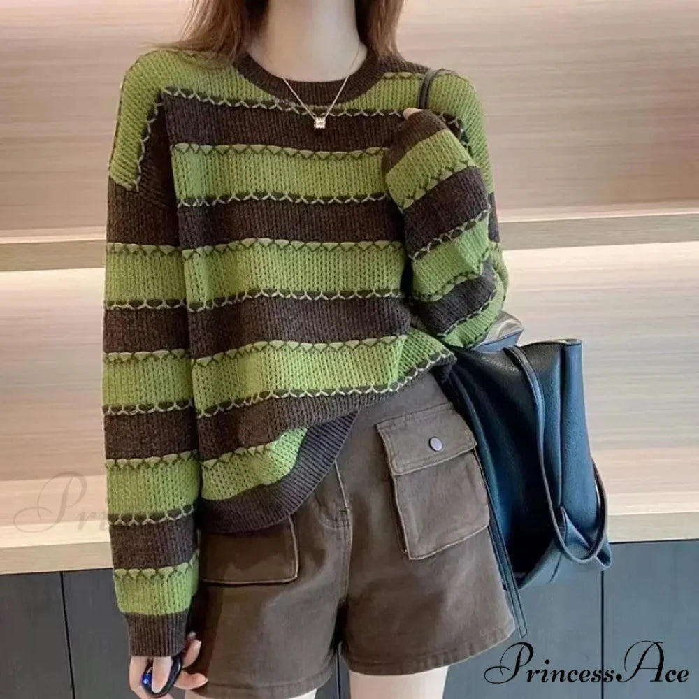 Patterned Patchwork Circular Neck Korean Versatile Sweater Green / S swraters-241228