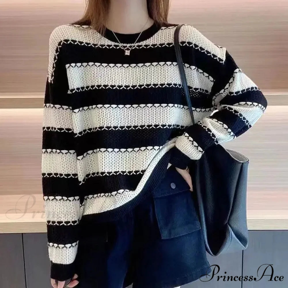 Patterned Patchwork Circular Neck Korean Versatile Sweater White / S swraters-241228