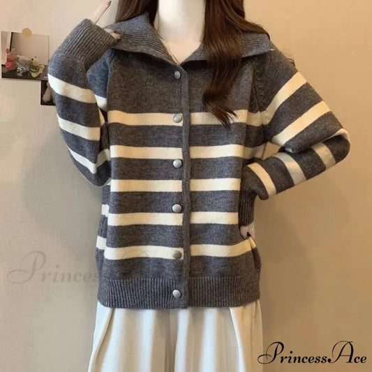 Patterned Polo Neck Slimming Cardigan GRAY / S cardigans-241228