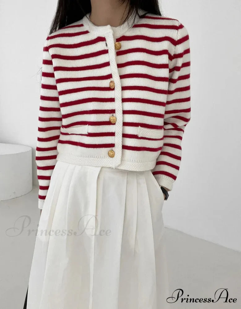 Patterned Print Cropped Baggy Knit Cardigan Red Top / One Size cardiagn-250126