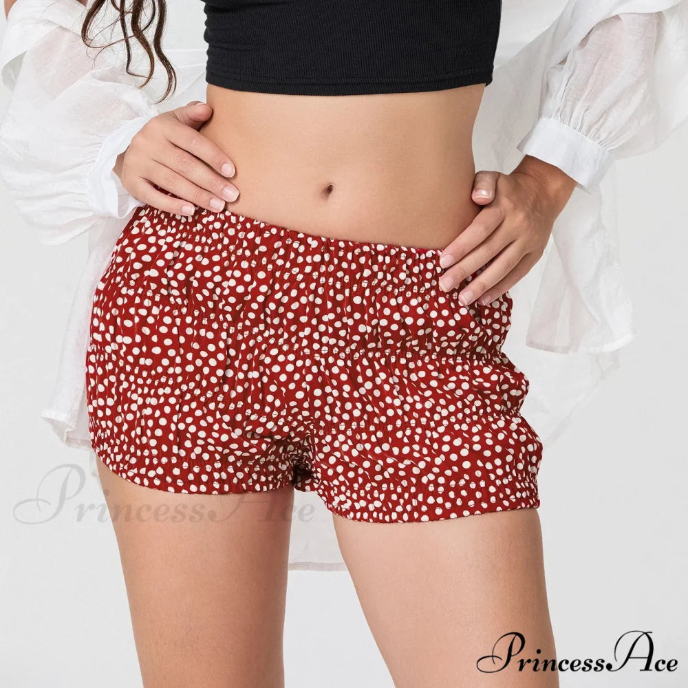 Patterned Printed Gathered Stretchy Waist Short red / S short-250223