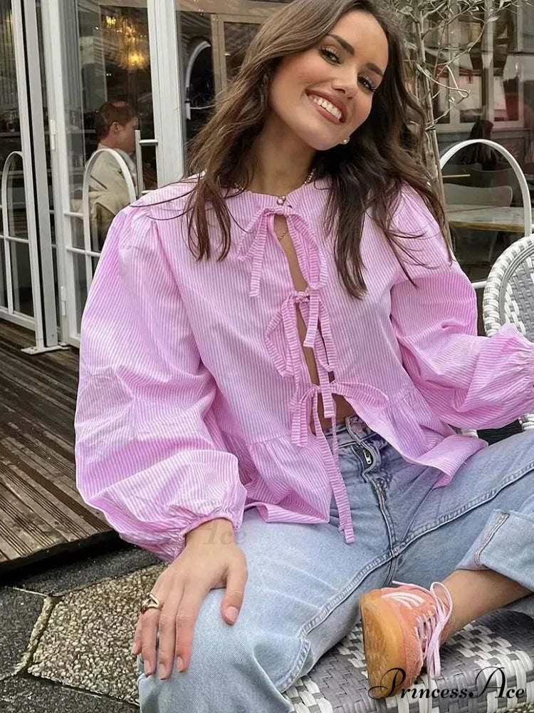 Patterned Puff Sleeve Festive Top PINK / S blouse-250223