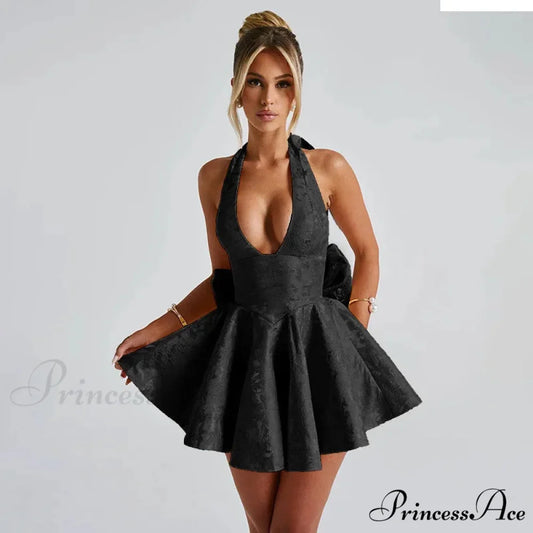 Patterned Ribbon Waist Wrap Holiday Dress Black / XS vacationdress-250223