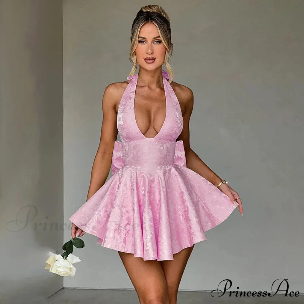 Patterned Ribbon Waist Wrap Holiday Dress Pink / XS vacationdress-250223