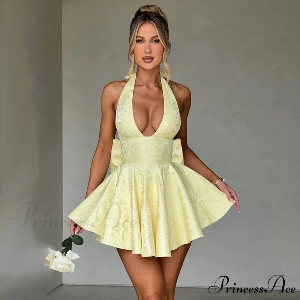 Patterned Ribbon Waist Wrap Holiday Dress Yellow / XS vacationdress-250223