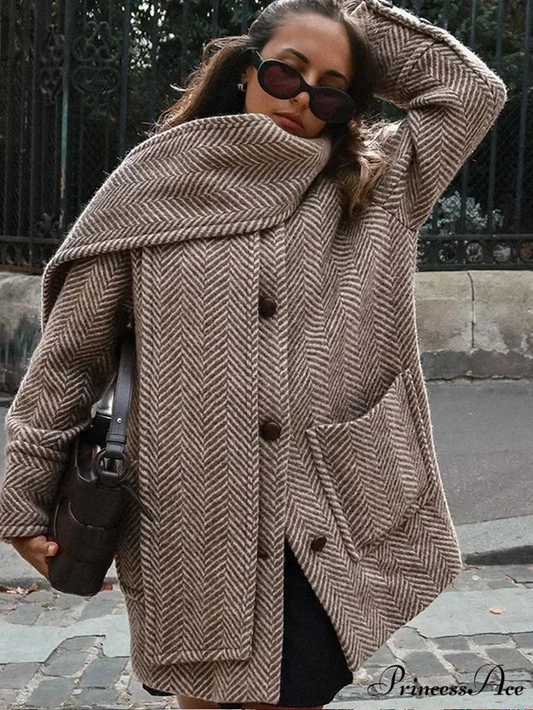 Patterned Scarf Collar Woolen Overcoat coats-241228