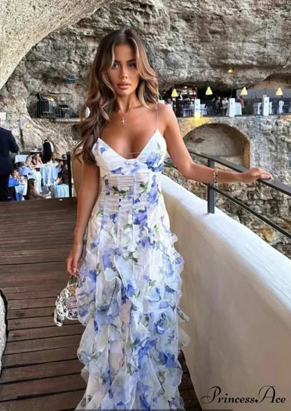 Patterned Sheer Dress Formal Dress blue / S promdress-250223