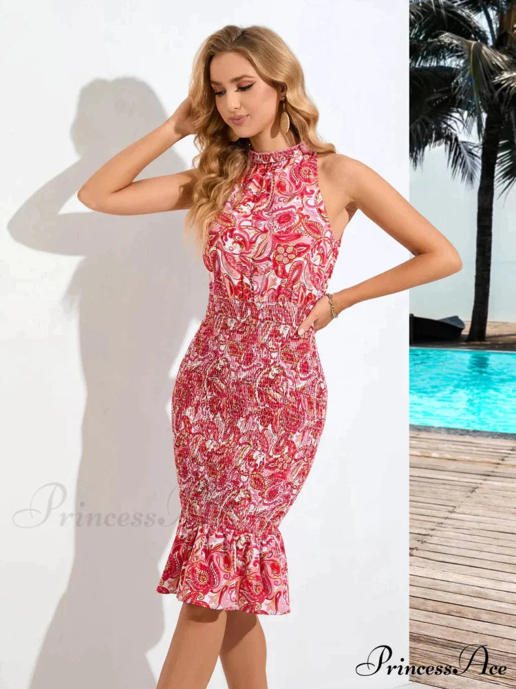 Patterned Sleeveless Ruffled Dress