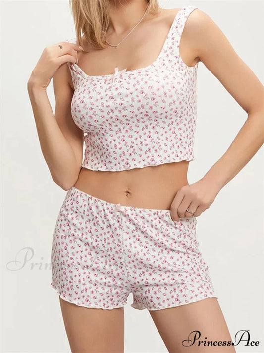 Patterned Sleeveless Square Neck Camis Crop Top with Shorts Pajama Set PINK / S twopiecesset-250126