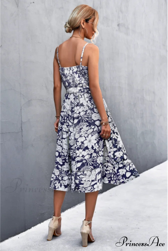 Patterned Sling Strap Flounce Dress L / dark blue