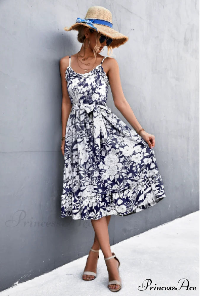 Patterned Sling Strap Flounce Dress L / light blue