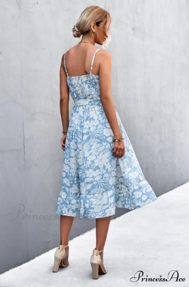 Patterned Sling Strap Flounce Dress M / dark blue