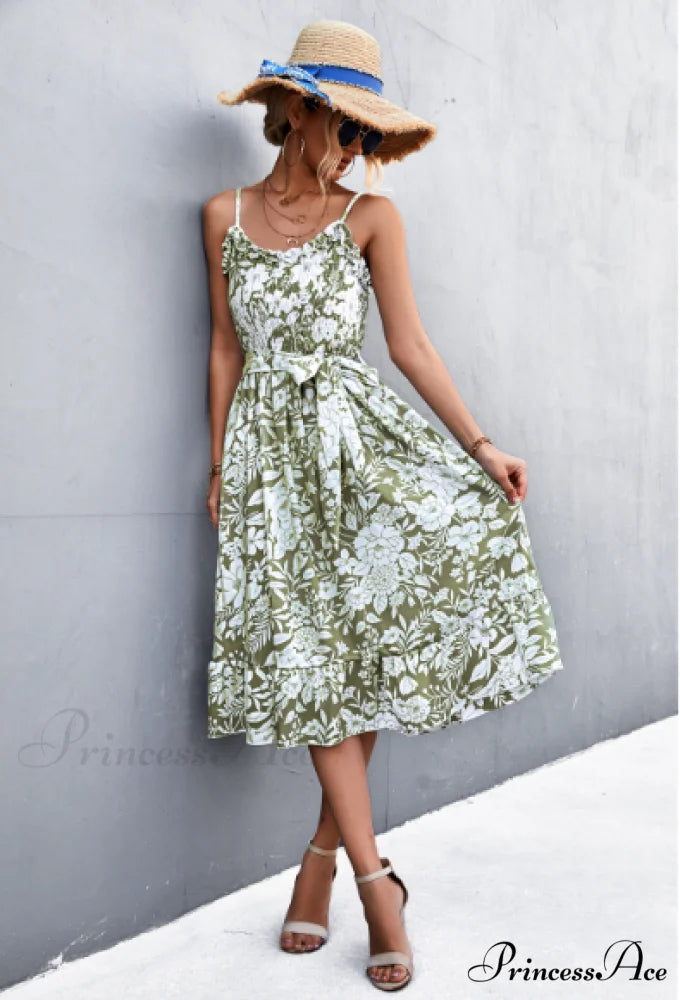 Patterned Sling Strap Flounce Dress XL / light blue