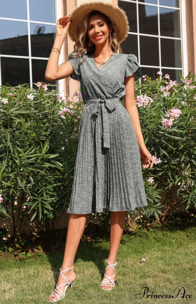 Patterned V-neck Folded for Gown Skirt Women Black / S