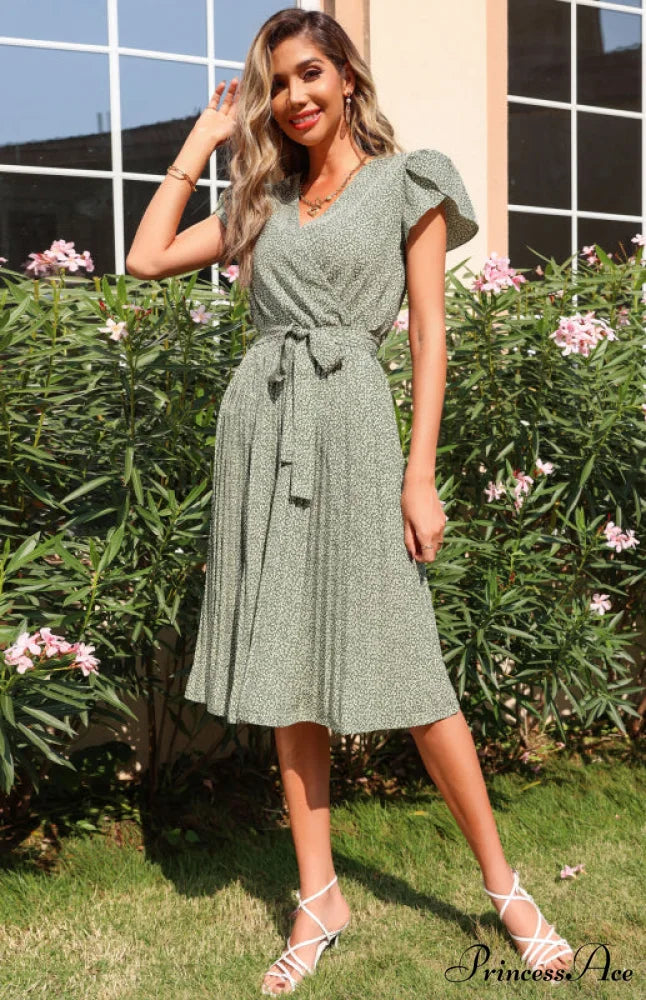 Patterned V-neck Folded for Gown Skirt Women Green / S