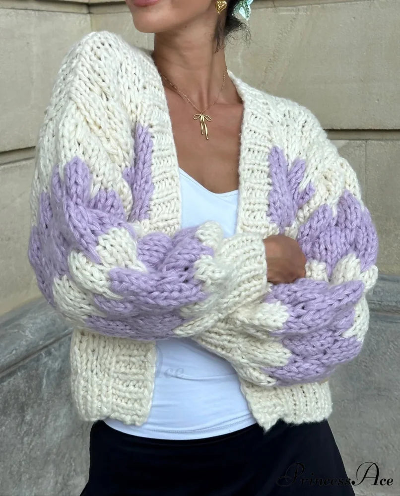 Patterned Vintage Extended Sleeve Knitted Cardigan pink / S cardigans-241228