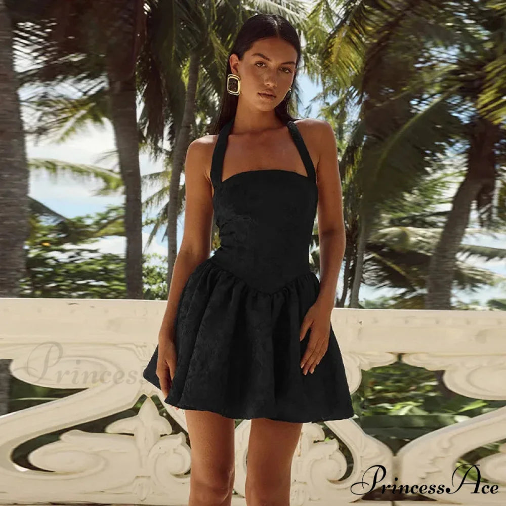 Patterned Waist Wrap A-line Holiday Dress Black / S vacationdress-250223