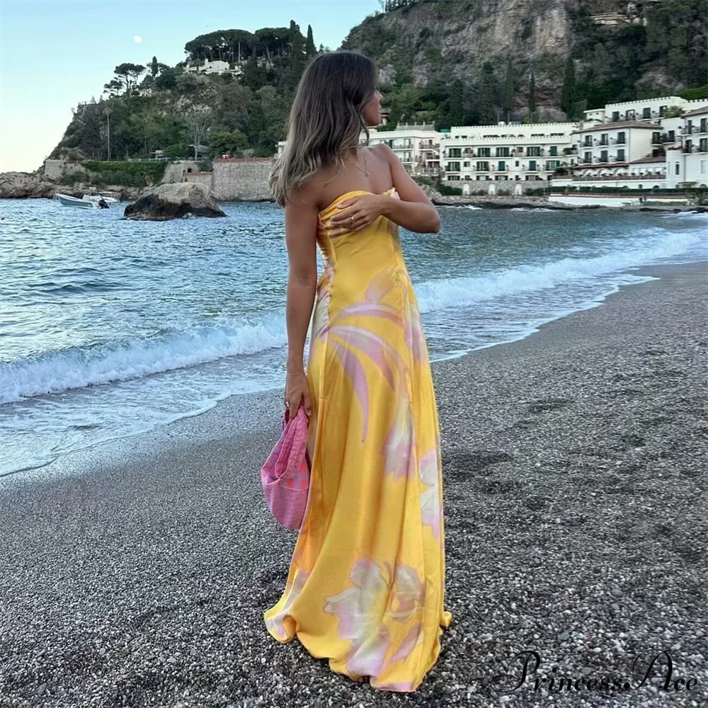 PB&ZA Glossy Printed Bandeau Holiday Dress Yellow / S vacationdress-250223