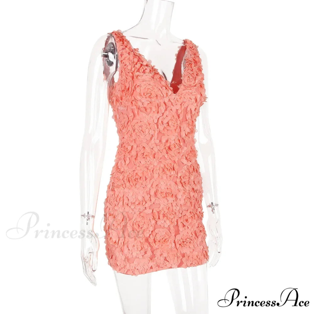 Peach Flowers Textured Charming V-neck Mini Dress