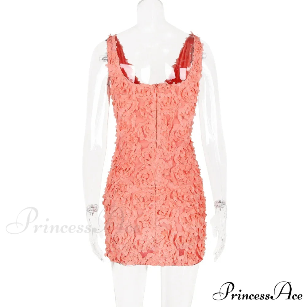 Peach Flowers Textured Charming V-neck Mini Dress