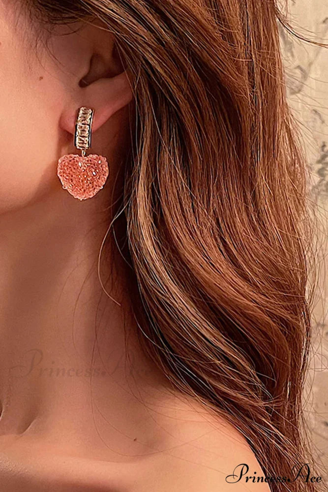 Peach Heart Earrings with Rhinestones